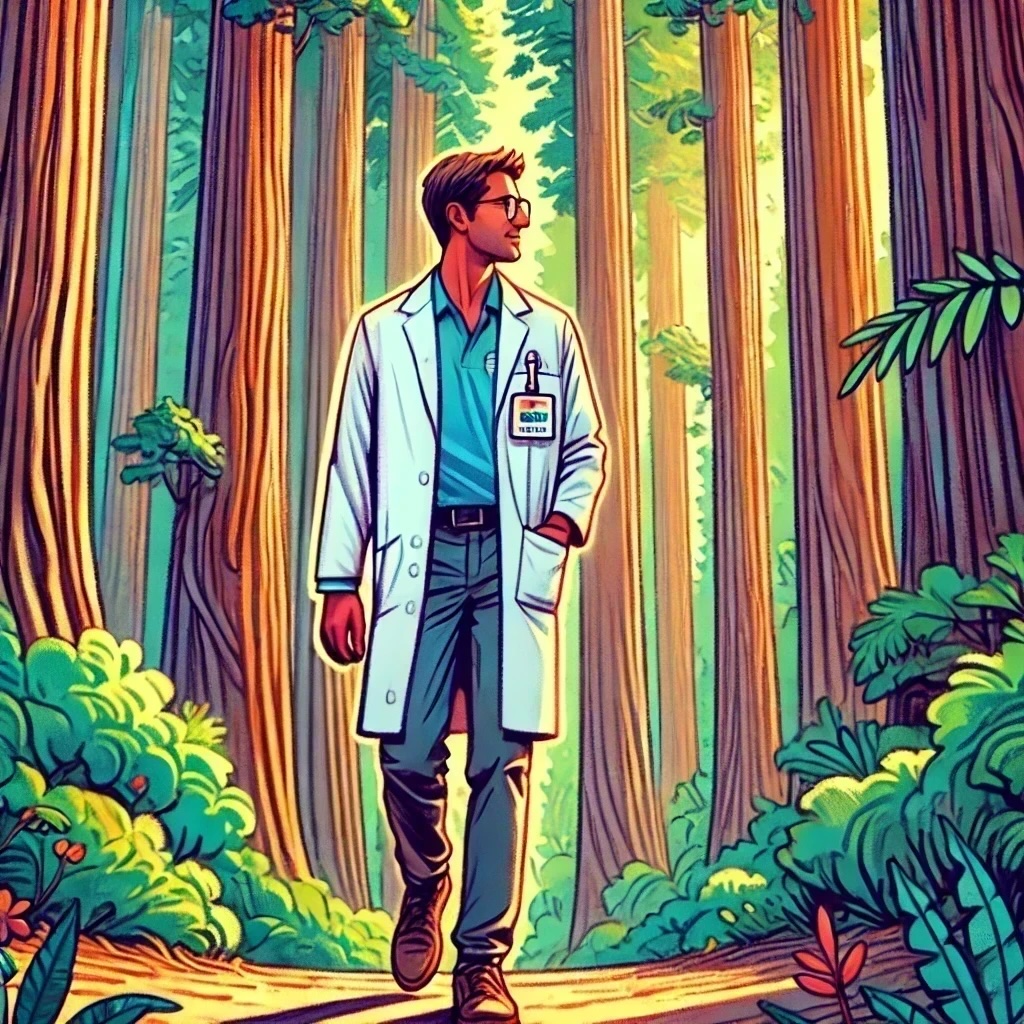 Male pharmacy tech walking through the CA Redwoods